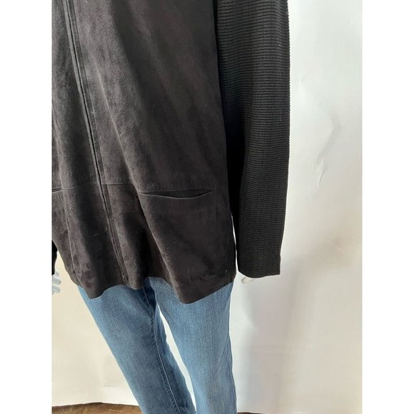 Jhane Barnes Mens Sweater Coat Black Pockets Collared Front Zipper Leather 42 - Picture 5 of 12